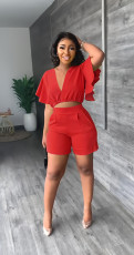 Ruffle Sleeve V-Neck Top Two Piece Shorts Set GYSL-Y6105