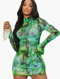 Mesh Print Flare Sleeve Split Mini Dress GYSL-18718