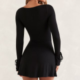 Solid Square Neck Long Sleeve Mini Dress GYSL-19922