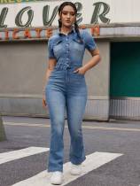 Casual Short Sleeve Lapel Denim Jumpsuit GKNF-TSJ-1380