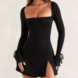 Solid Square Neck Long Sleeve Mini Dress GYSL-19922