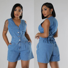 Denim Sleeveless V Neck Jacket Two Piece Shorts Set GKNF-TSYOU-887