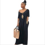 Solid Loose Shoulder Short Sleeve Maxi Dress GYSL-3226