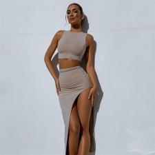Solid Color Sleeveless Split Skirt Two Piece Set GYSL-3263