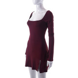 Solid Square Neck Long Sleeve Mini Dress GYSL-19922