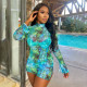 Mesh Print Flare Sleeve Split Mini Dress GYSL-18718