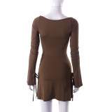 Solid Square Neck Long Sleeve Mini Dress GYSL-19922