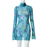 Mesh Print Flare Sleeve Split Mini Dress GYSL-18718