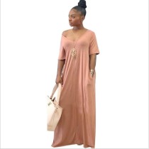Solid Loose Shoulder Short Sleeve Maxi Dress GYSL-3226