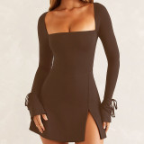 Solid Square Neck Long Sleeve Mini Dress GYSL-19922