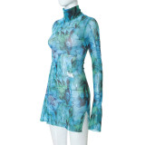 Mesh Print Flare Sleeve Split Mini Dress GYSL-18718