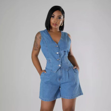 Denim Sleeveless V Neck Jacket Two Piece Shorts Set GKNF-TSYOU-887
