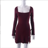Solid Square Neck Long Sleeve Mini Dress GYSL-19922