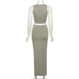 Solid Color Sleeveless Split Skirt Two Piece Set GYSL-3263