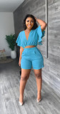 Ruffle Sleeve V-Neck Top Two Piece Shorts Set GYSL-Y6105