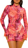 Mesh Print Flare Sleeve Split Mini Dress GYSL-18718