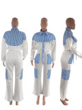 Striped Color Block Long Sleeve Shirt Pants Set SSNF-211458