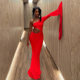 Single Shoulder Sleeve Hollow Out Maxi Dress XEF-50644