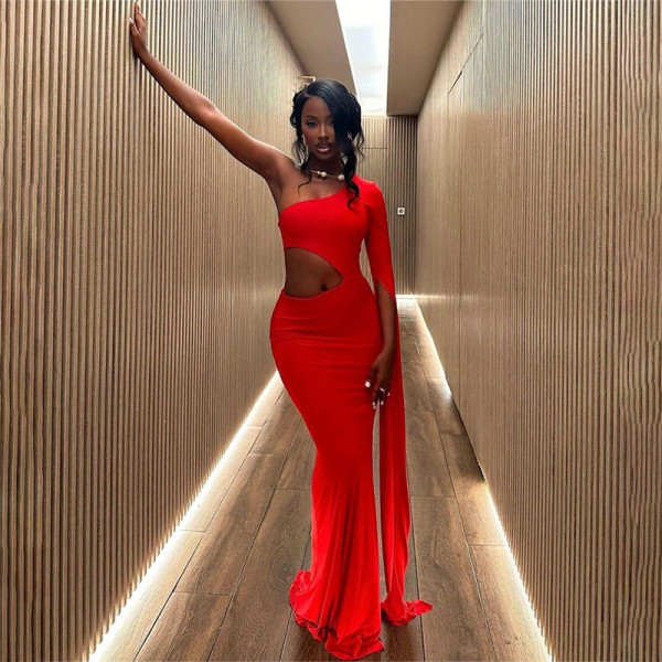 Single Shoulder Sleeve Hollow Out Maxi Dress XEF-50644