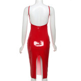 Backless Split PU Sling Midi Dress XEF-48369