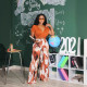 Solid V Neck Tops And Print Pants 2 Piece Set SFY-2780