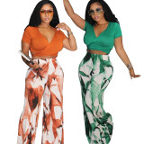 Solid V Neck Tops And Print Pants 2 Piece Set SFY-2780