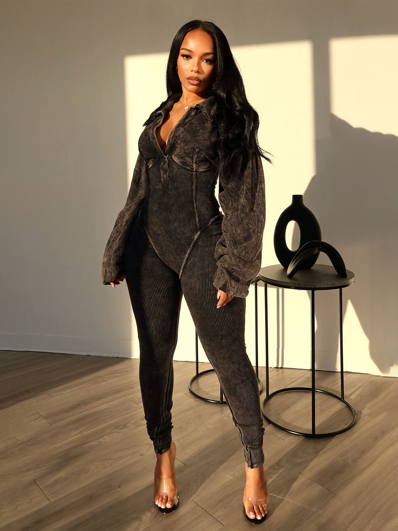 Sexy Deep V-neck Slim Solid Color Knitted Jumpsuit