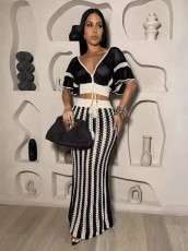 Sexy V-neck Hollow Out Striped Knit Long Skirt Set ZSD-Z0326