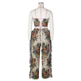 Sexy Tie Up Wrap And Tassel Pants Print 2 Piece Set ZSD-0684