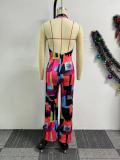 Printed Crossover Hanging Neck Backless Jumpsuit  NY-10823