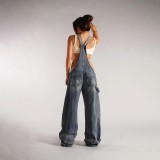 Zipper Loose Casual Denim Back Pants Jumpsuit GQLF-30025