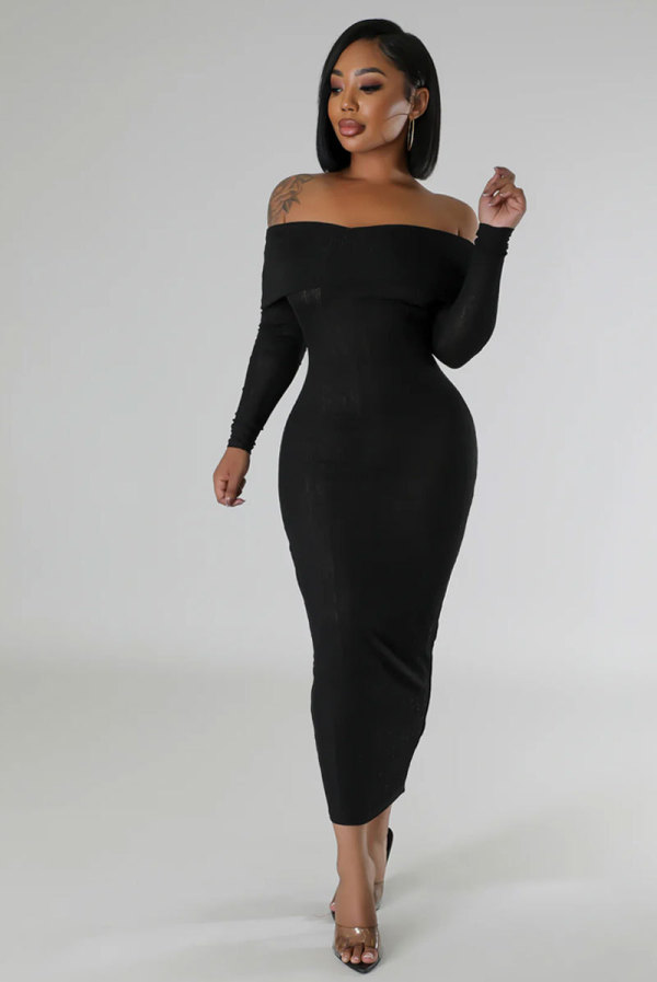 Solid One Shoulder Long Sleeve Midi Dress XHXF-415