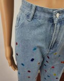 Plus Size Hot Drill Print Holes Loose Jeans GQLF-88882