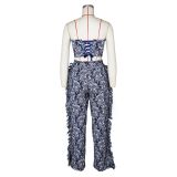Sexy Tie Up Wrap And Tassel Pants Print 2 Piece Set ZSD-0684