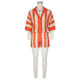 Hollow Out Lapel Knits Two Piece Shorts Set ZSD-Z0235