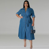 Plus Size Denim Lapel Belt Midi Dress GDAM-218602