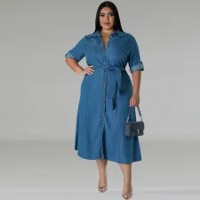 Plus Size Denim Lapel Belt Midi Dress GDAM-218602