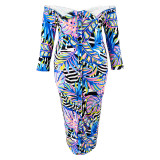 Plus Size One Shoulder Print Long Sleeve Maxi Dress GDAM-218509