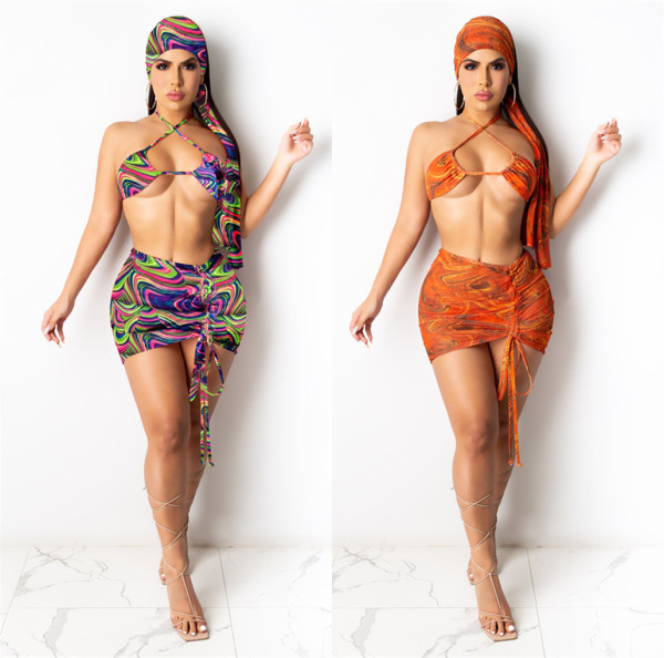 Sexy Bikinis Two Piece Set+Skirts+Headkerchief  LSL-6428