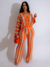 Sexy Hollow Out Sweater Knit Two Piece Pants Set CH-24040