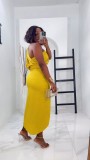 Solid Pleated Single Shoulder Split Long Dress NY-10828