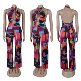 Printed Crossover Hanging Neck Backless Jumpsuit  NY-10823