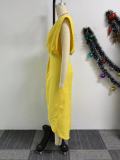Solid Pleated Single Shoulder Split Long Dress NY-10828