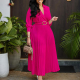 Solid Color 3/4 Sleeve Belt Midi Dress GMLF-3285