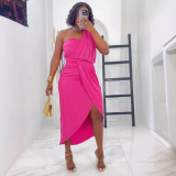 Solid Pleated Single Shoulder Split Long Dress NY-10828