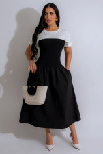 Color Block Short Sleeve Long Dress XHXF-416