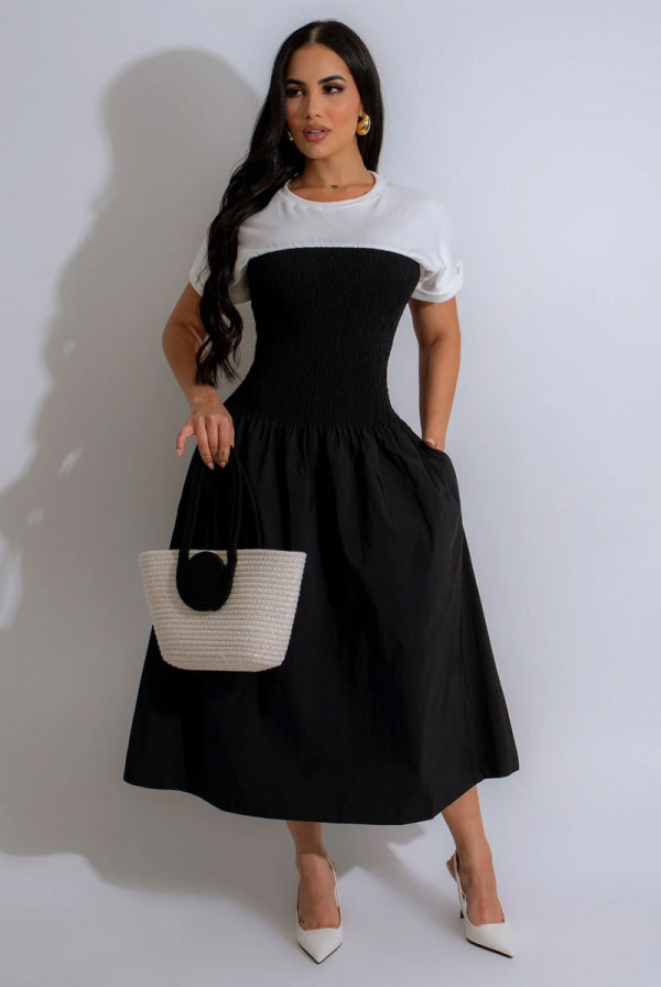 Color Block Short Sleeve Long Dress XHXF-416