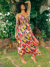 Sexy Halter Print Backless Split Maxi Dress XHXF-421