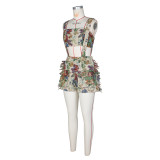 Vintage Floral Sheath Tassel Back Shorts Set ZSD-0691