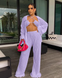 Solid Bra+Shirt+Wide Leg Pants 3 Piece Sets ME-8169